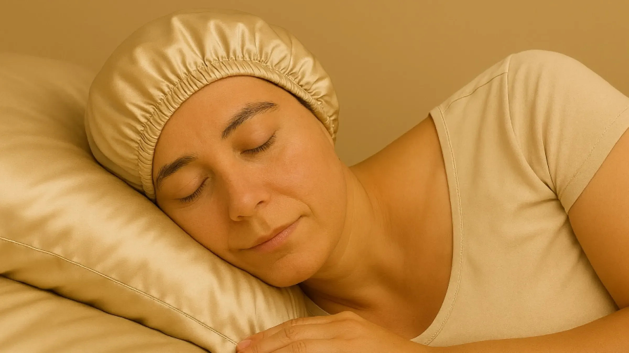 Kvinna som sover med sidenmössa på en sidenkudde